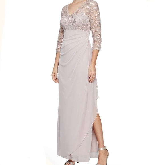 Alex Evenings Long V Neck Empire Waist Cascade Ruffle Faded Rose Size 4 - Picture 1 of 11